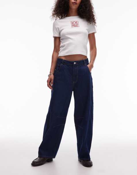 Topshop – Jeans in Rinse-Indigoblau mit mittelhohem Bund, seitlichem Einsatz und weitem Bein - view 1