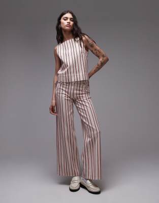 Topshop - Jeans in Rot gestreift mit weitem Bein und mittelhohem Bund-Bunt