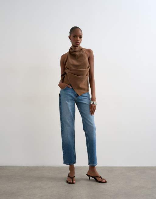 Topshop jeans med medelhög midja och rak passform i vintageblå, 1 av 7