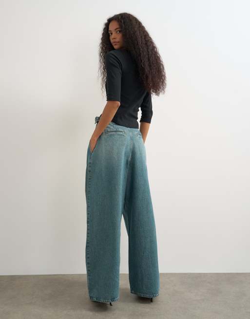 Topshop jeans med vida ben och sidospänne i grön ton, 3 av 5