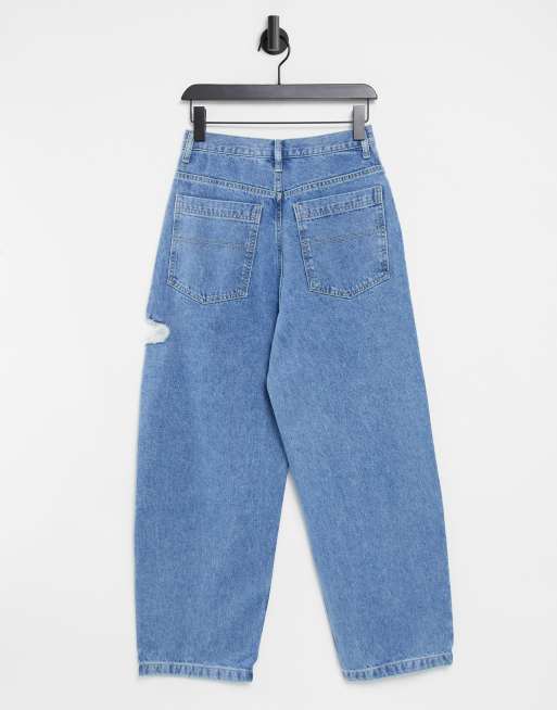 Topshop - Jeans med vide ben og flænger på låret i blå mellemvask, 2 af 4