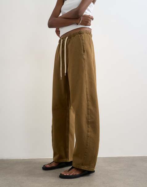 Topshop - Jeans met barrelpijpen en elastische taille in lichtbruin - view 1