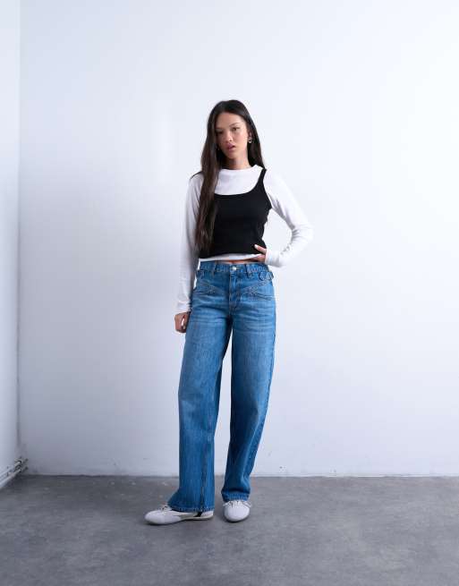Topshop - Jeans met halfhoge taille, passtuk op de voorkant en bandje in middenblauw