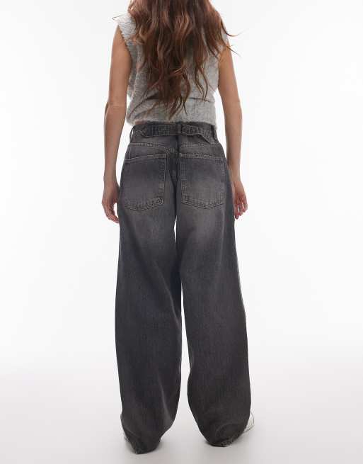 Topshop - Jeans met lage taille en riempje in grijs , 2 van 5