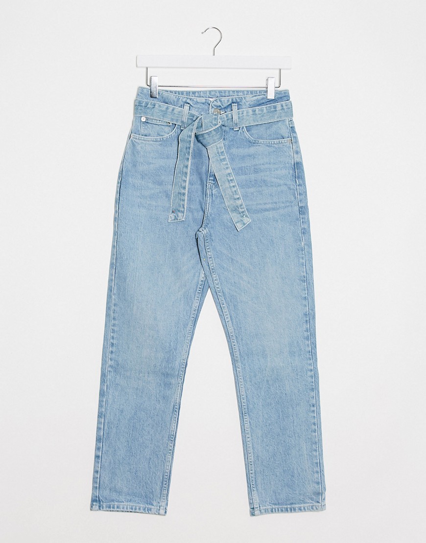 Topshop - Jeans met rechte pijpen, plooirand en gebleekt effect-Blauw