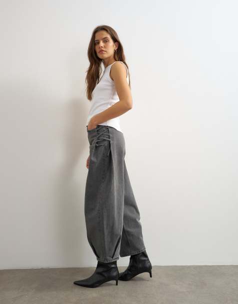 Topshop jeans met vetersluiting en halfhoge taille in grijs - view 1