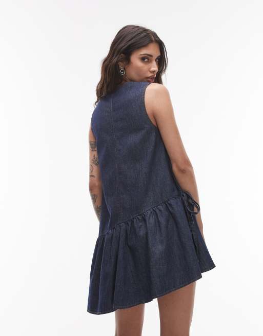 Topshop – Jeans-Minikleid in Raw Look Indigo mit Schößchensaum und Schleife, 4 von 4