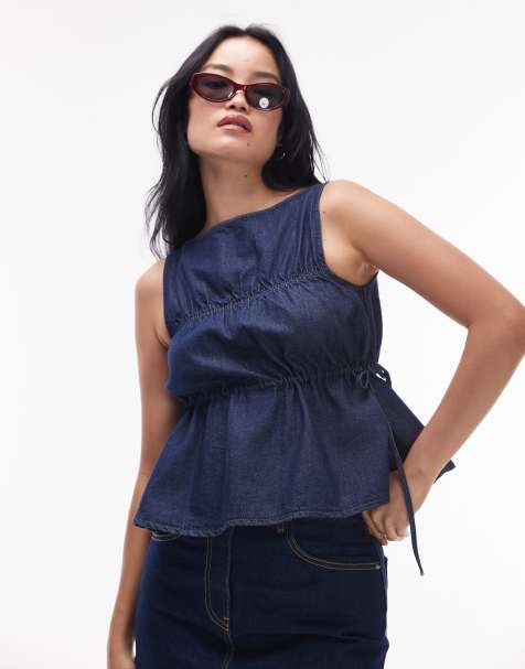 Topshop – Jeans-Oberteil in indigoblauer Rinse-Waschung mit seitlicher Raffung - view 1