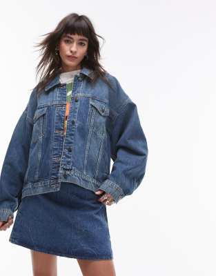 Topshop - Jeansjacke in Authentik-Grün mit Ballonärmeln-Blau