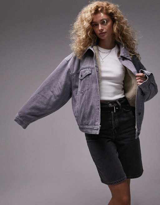 Topshop – Jeansjacke in Grau mit Ballon-Passform 