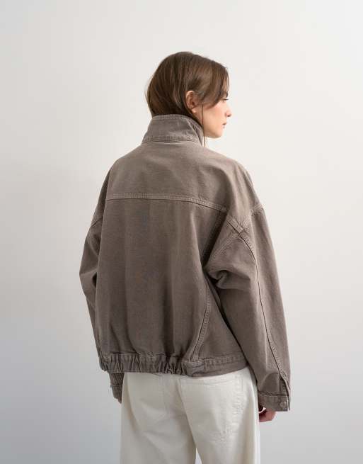 Topshop – Jeansjacke in Steinbeige mit Stehkragen und elastischem Saumdetail, 4 von 4