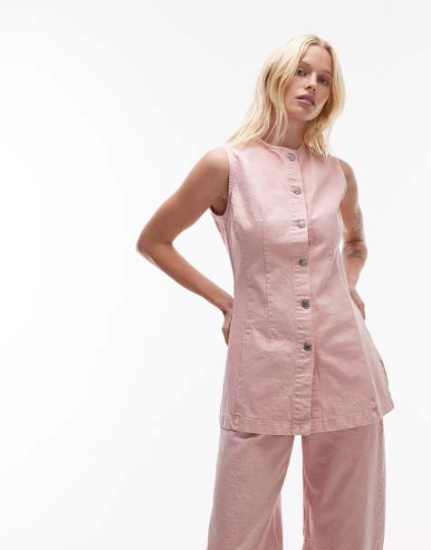 Topshop denim sleeveless waistcoat in washed pink