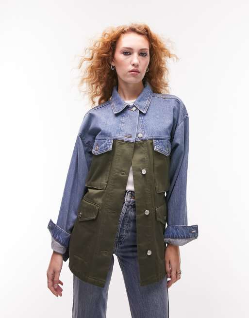 Topshop – Jeansowa kurtka koszulowa zbierana w talii z częścią w kolorze khaki