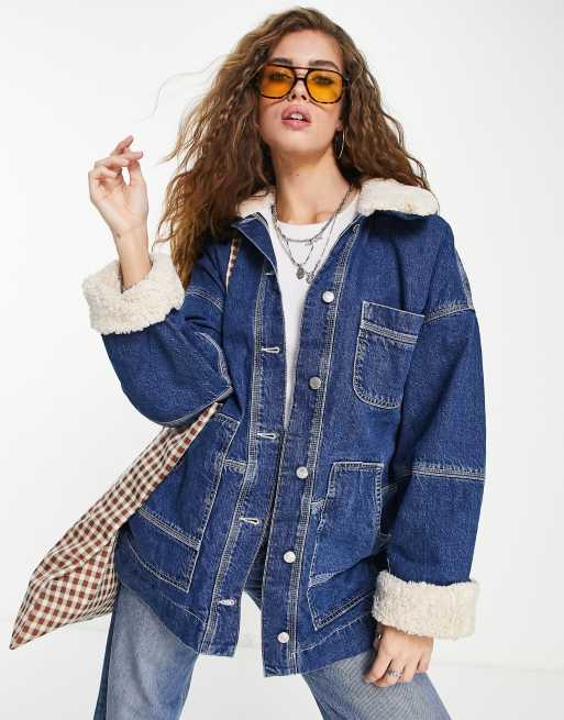 Topshop – Jeansowa kurtka typu carpenter w kolorze indygo z kożuszkiem