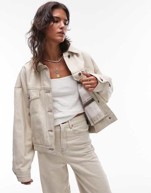Topshop – Jeansowa kurtka z balonowymi rękawami w kolorze ecru z podszewką w kratkę 