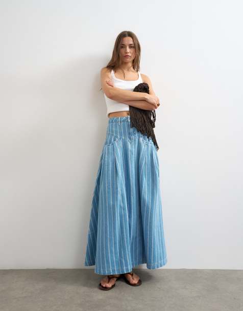 Topshop – Jeansowa spódnica maxi w paski z karczkiem i zakładkami - view 1
