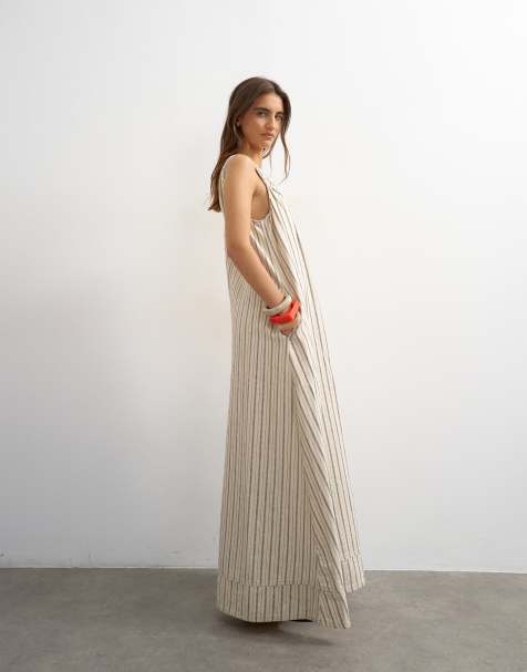 Topshop – Jeansowa sukienka maxi w paski z marszczonymi ramionami - view 1