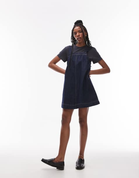 Topshop denim pinny dress with button detail in raw look indigo