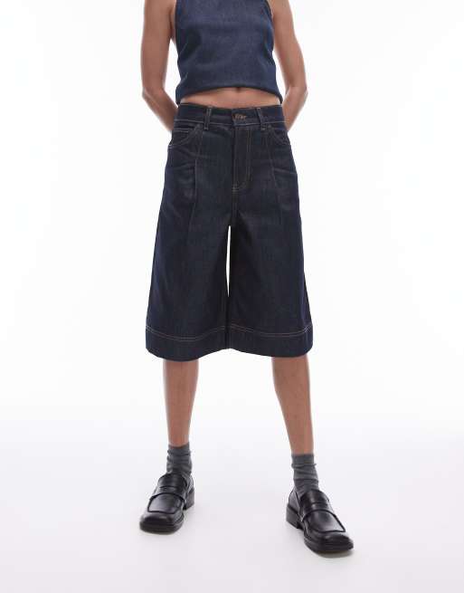 Topshop – Jeansowe jortsy w kolorze indygo z zakładkami