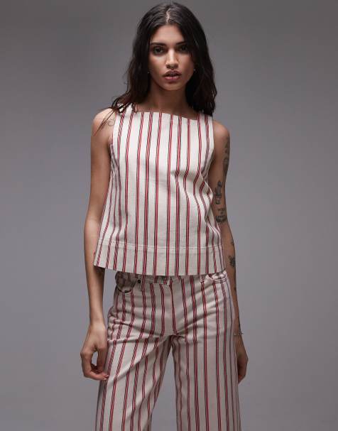 Topshop denim square neck shell top in red stripe