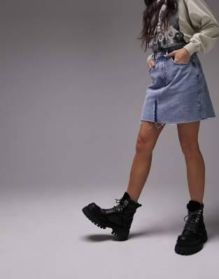 Topshop - Jeansrock in Mittelblau mit hohem Bund und aufgesetzten Taschen