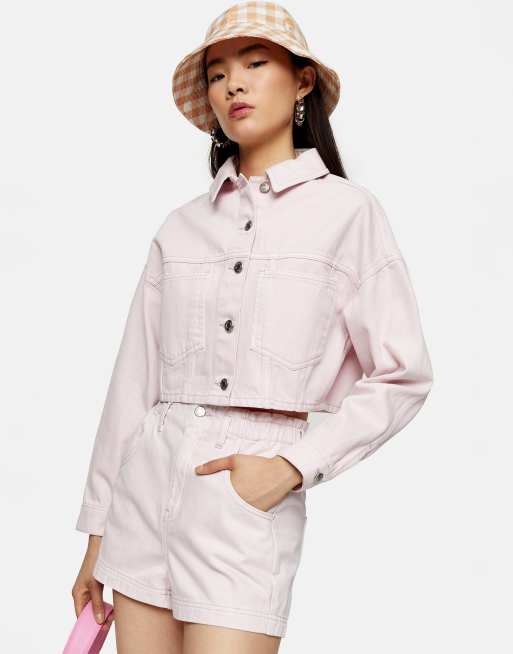 Topshop – Jeansshorts mit hohem Bund und Paperbag-Taille in Rosa