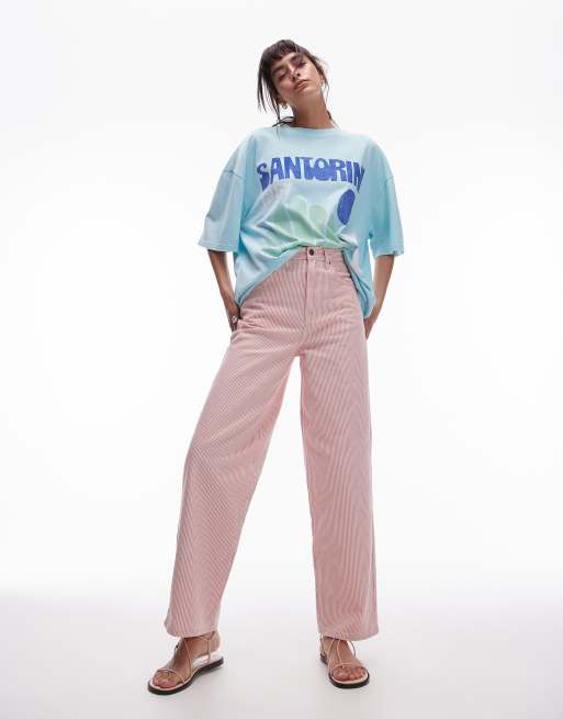 Topshop – Jeansy baggy z podwyższonym stanem w czerwone prążki 