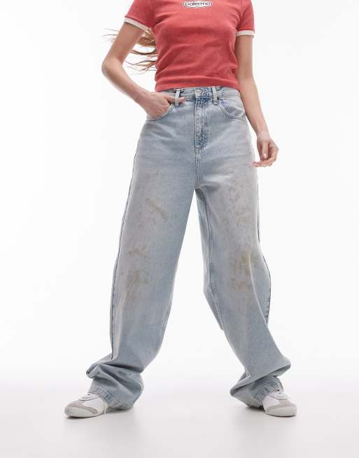 Topshop – Jeansy baggy z wysokim stanem z efektem wybielania i plamami 