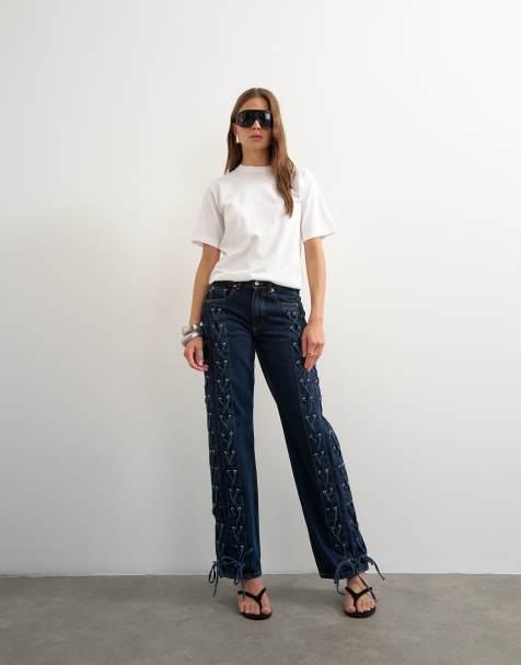 Topshop jeansy o prostych nogawkach z wiązaniem z przodu w ciemnoniebieskim kolorze - view 1