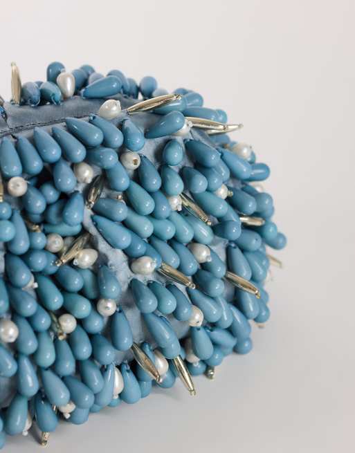 Topshop Jemma beaded clutch bag in blue, 3 of 4