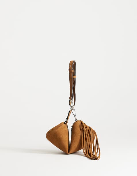 Topshop Jemma kleine Schultertasche aus echtem Leder mit Fransen in Hellbraun - view 1