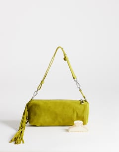 Model wearing Jemma real leather tassel medium shoulder bag in green
