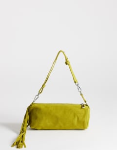 Model wearing Jemma small real leather tassel medium shoulder bag in green