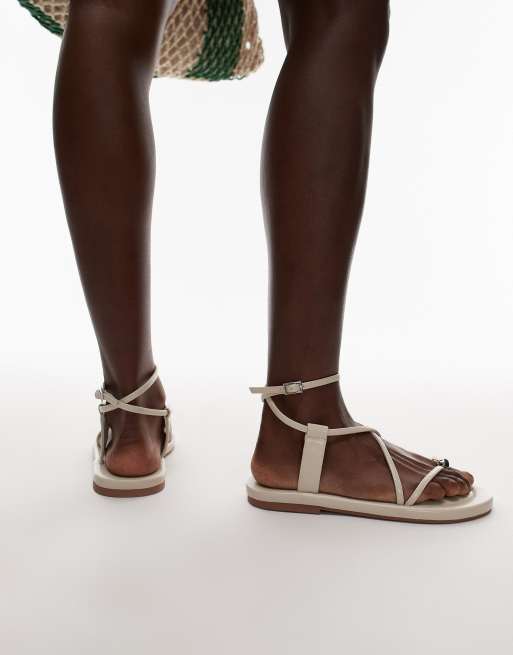 Topshop Jerry flat sandals with metal detail in off white, 3 of 4