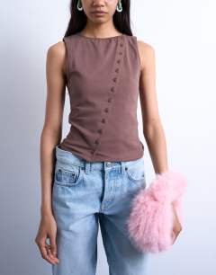 Jersey asymmetric button through tank top in chocolate brown