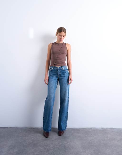Topshop jersey asymmetric button through tank top in chocolate brown, 2 of 4