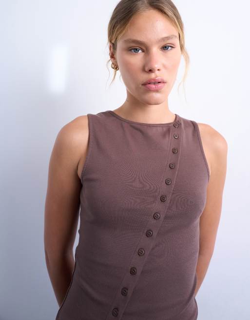 Topshop jersey asymmetric button through tank top in chocolate brown, 3 of 4