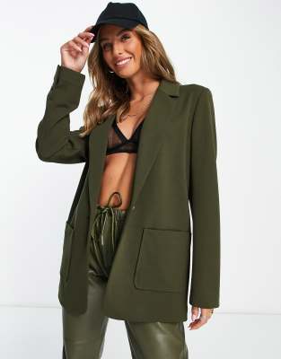 Topshop Jersey Blazer With Patch Pockets In Khaki-green In Green
