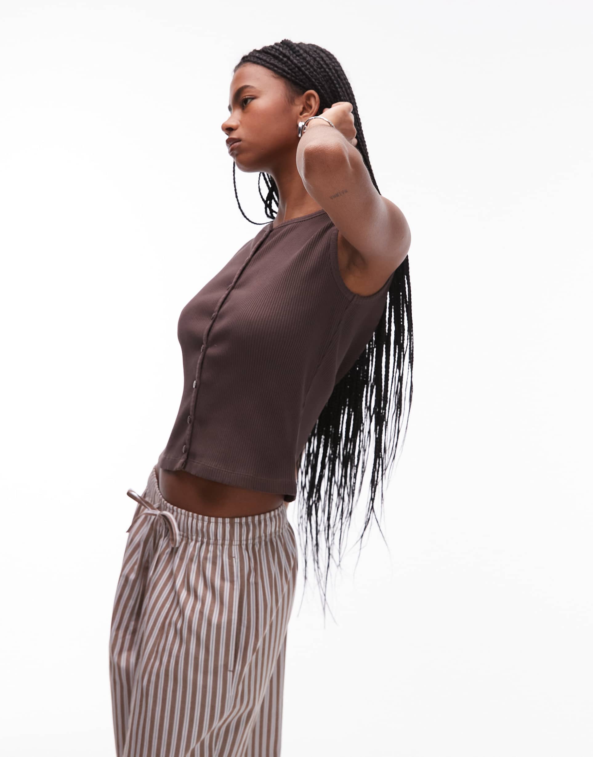 topshop jersey button up crew neck top in chocolate brown