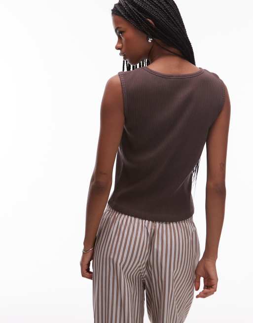 Topshop jersey button up crew neck top in chocolate brown, 4 of 4