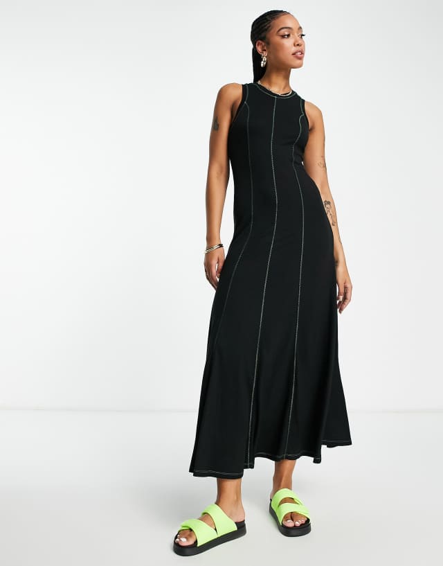 Topshop jersey contrast stitch midi column dress in black