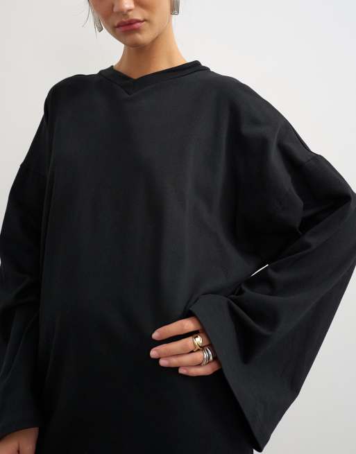 Topshop jersey cotton high v neck long sleeve mini dress in black, 3 of 4