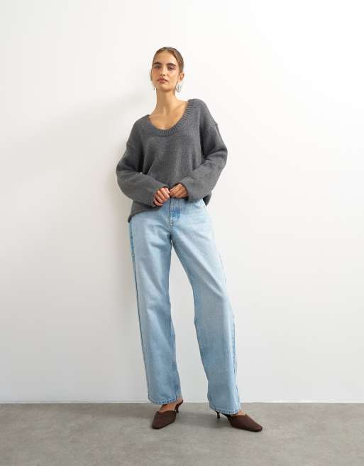 Topshop - jersey de punto con cuello ancho en gris carbón, 3 de 4