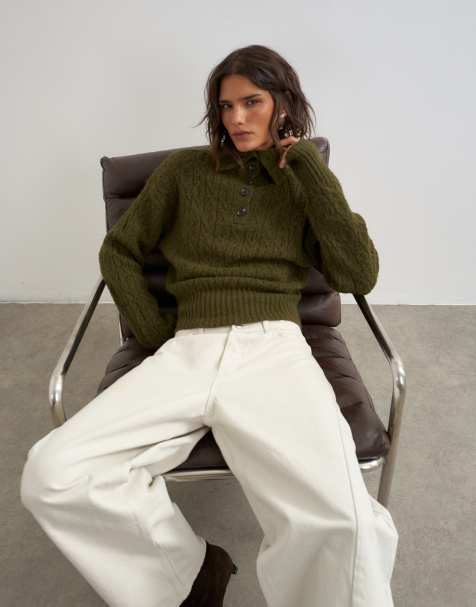 Topshop jersey de punto con ochos y cuello alzado en verde musgo - view 1