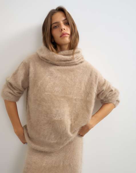 Topshop jersey de punto de cachemira pura cepillada premium con cuello chimenea alto en neutro - view 1