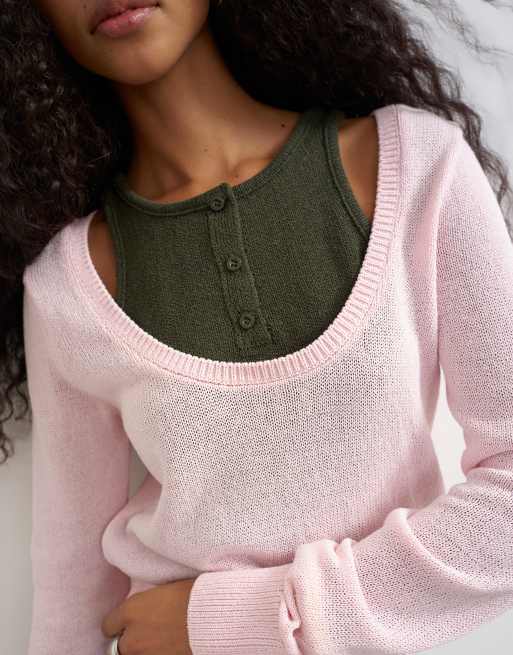 Topshop - jersey de punto de doble capa con cuello panadero en caqui y rosa, 3 de 4