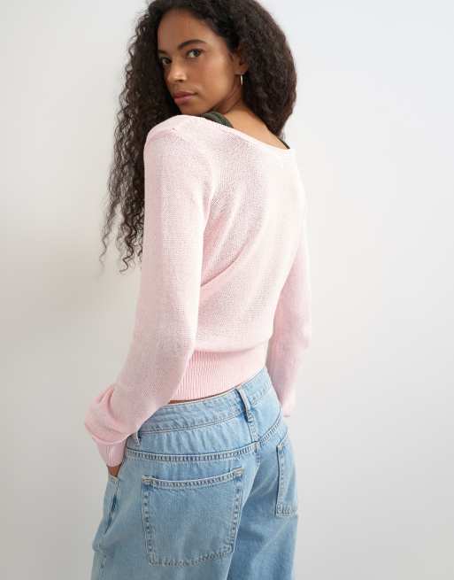 Topshop - jersey de punto de doble capa con cuello panadero en caqui y rosa, 4 de 4