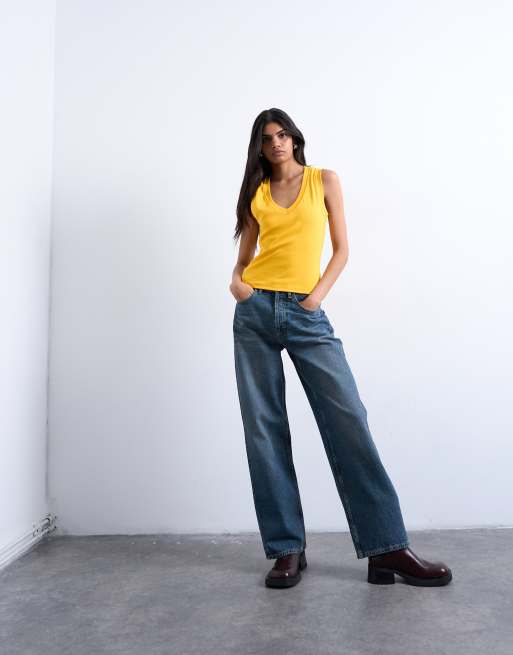 Topshop jersey deep v neck sleeveless vest in orange, 3 of 4