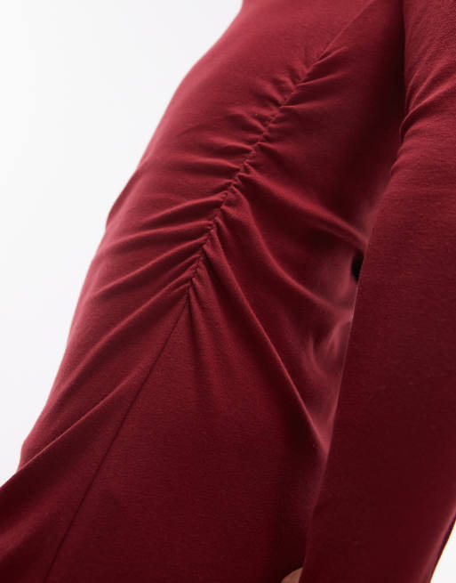 Topshop jersey funnel neck long sleeve maxi dress in red | ASOS