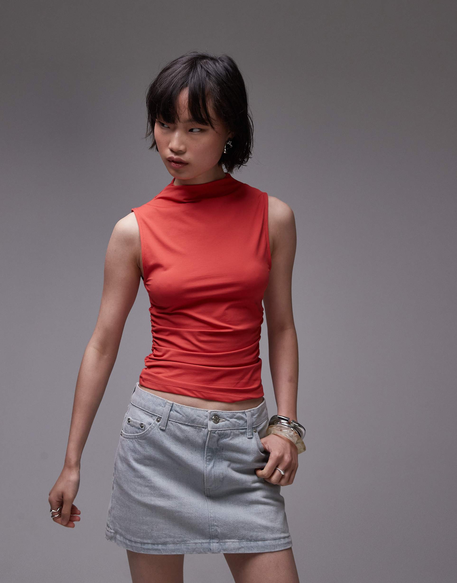 topshop jersey funnel neck sleeveless top in red